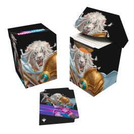 Ultra Pro Deck Box - Magic the Gathering Foundations - Light - Black rectangular card deck box featuring a roaring white lion with a golden helmet and blue jewel, designed for Magic the.