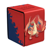 Ultra Pro Alcove Flip: Pokémon - Mega Charizard Y (PREORDER) - Red and blue synthetic leather deck box with Mega Charizard Y illustration and flame designs.