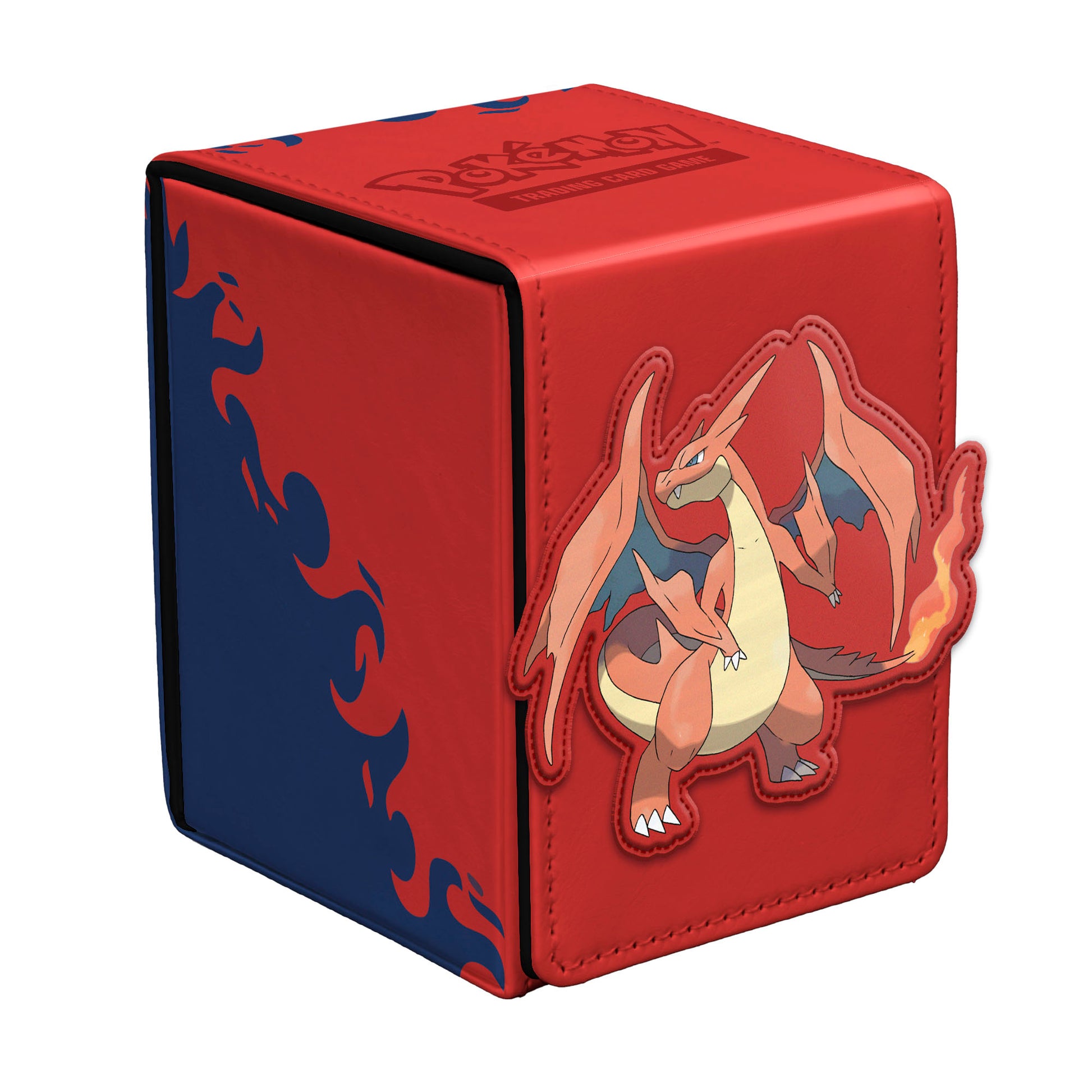 Ultra Pro Alcove Flip: Pokémon - Mega Charizard Y (PREORDER) - Red and blue synthetic leather deck box with Mega Charizard Y illustration and flame designs.