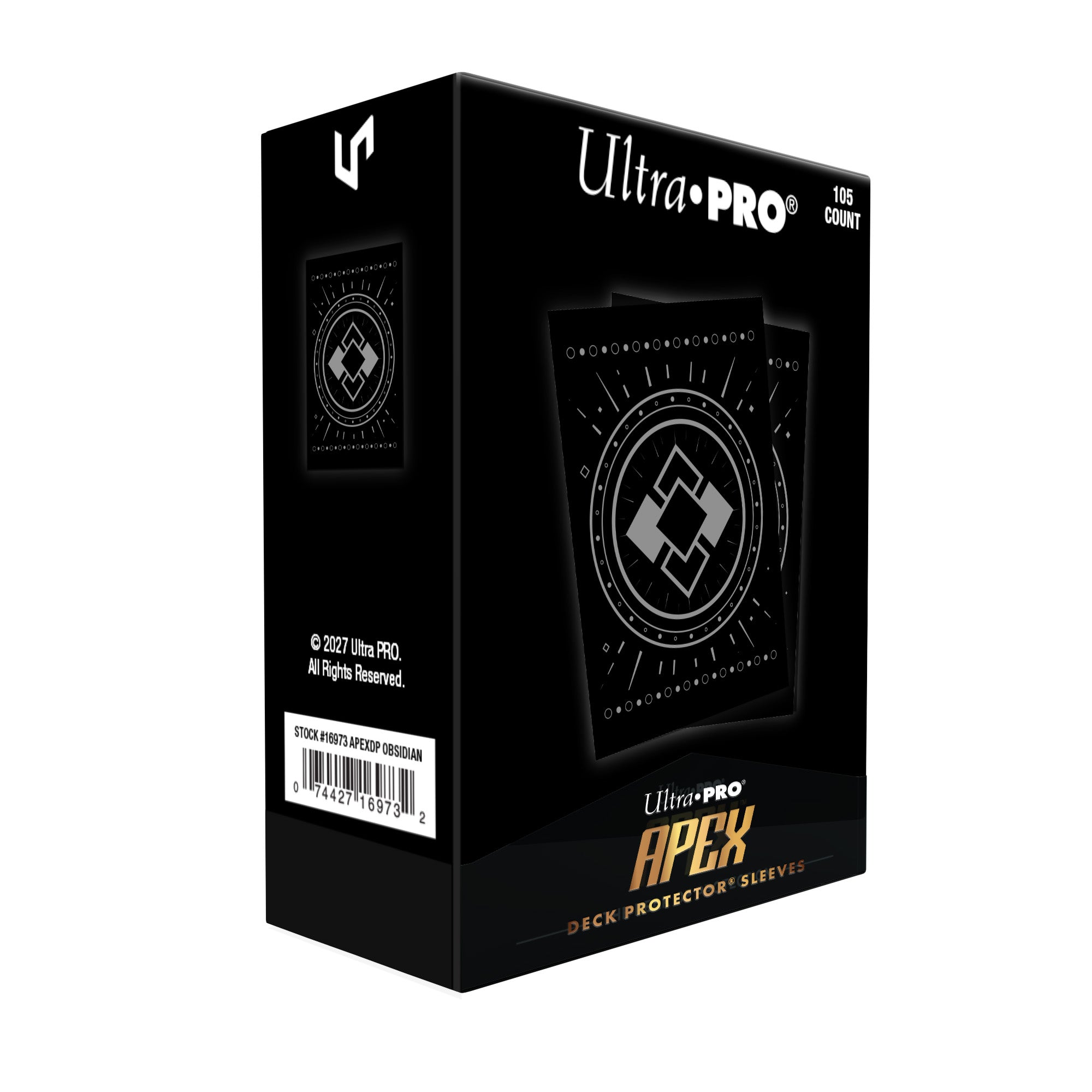 Ultra Pro Apex Sleeves - Obsidian (PREORDER) - Black Ultra Pro Apex card sleeve box with geometric white and gold accents and text details.