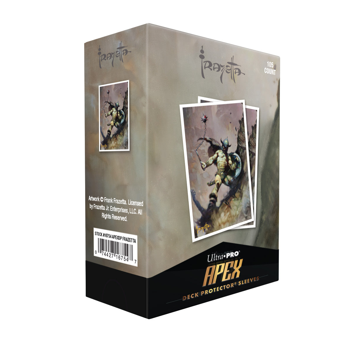 Ultra Pro Apex Sleeves: Frank Frazetta - Warrior with Ball and Chain (PREORDER) - Box of Ultra Pro Apex card sleeves featuring Frank Frazetta warrior art with a ball and chain design, gray and beige tones.