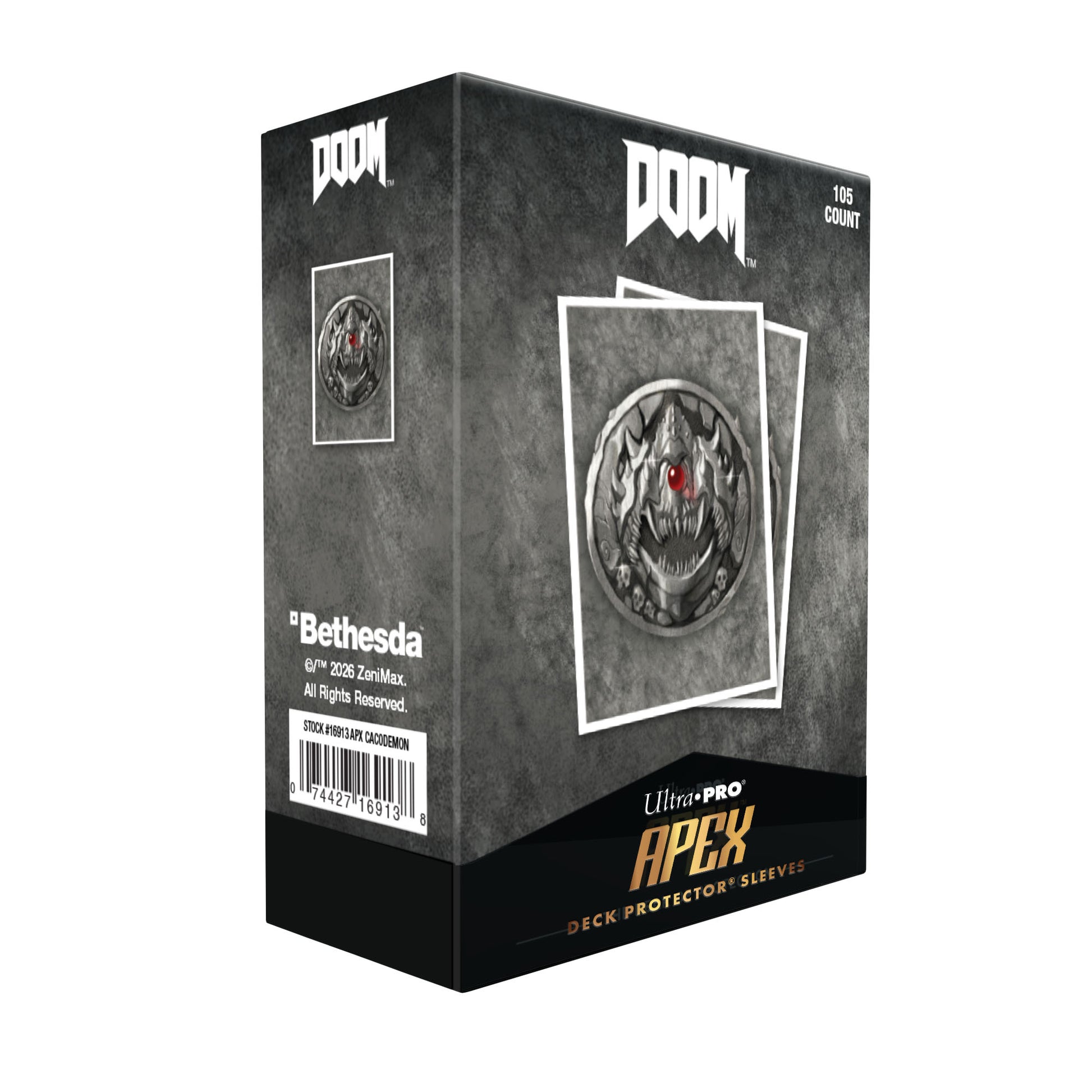 Ultra Pro Apex Sleeves - Doom: Creatures of Hell - Cacodemon (PREORDER) - Black and gray Ultra Pro Apex card sleeves box featuring red-eyed Cacodemon artwork from Doom.