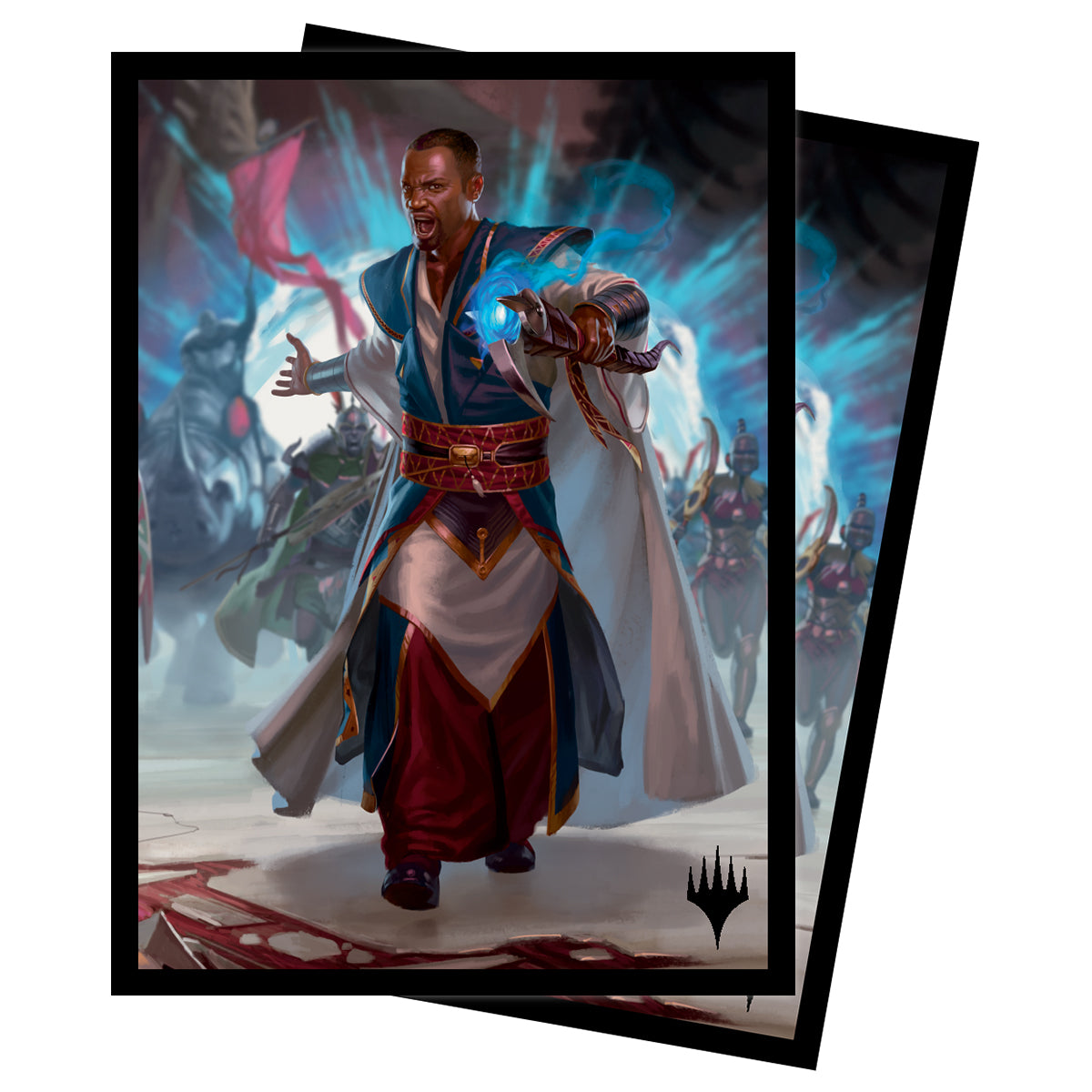 Ultra Pro Sleeves - MTG March of the Machine V4 - The Gathering card sleeves featuring a warrior casting magic with blue and red energy, dark background.