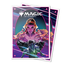 Ultra Pro Apex Sleeves - Magic the Gathering Foundations - Two Magic the Gathering Ultra Pro Apex card sleeves featuring a purple and pink female warrior with glowing eyes and a dark.