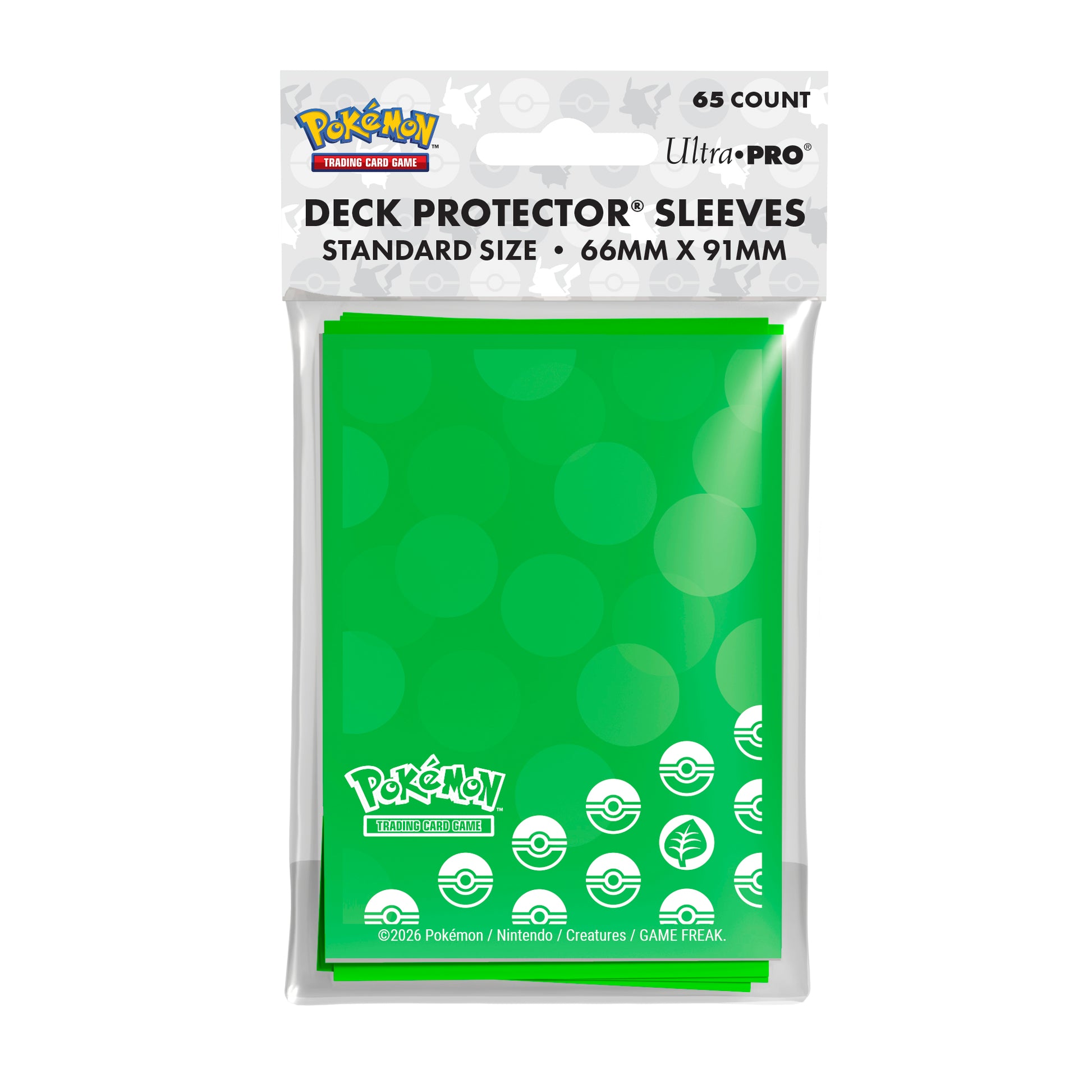 Ultra Pro Pokémon Energy Sleeves - Grass Type - 65-pack of vibrant green Ultra Pro Pokémon Grass Type deck sleeves with subtle leaf pattern and white Pokémon logo.