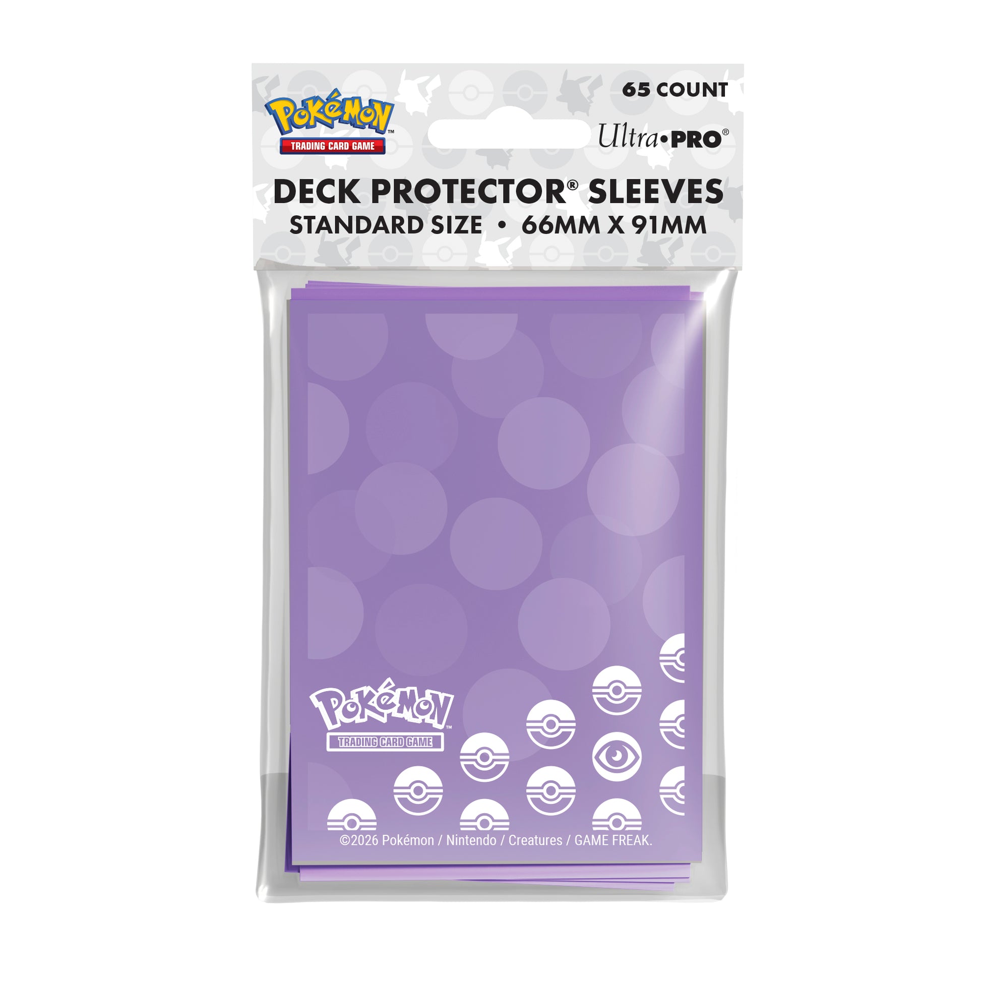 Ultra Pro Pokémon Energy Sleeves - Psychic Type - Purple card sleeves with large subtle circles and white Pokémon logo and Pokéball icons on the bottom right.