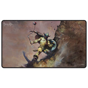 Ultra Pro Black Stitched Playmat: Frank Frazetta - Warrior with Ball and Chain (PREORDER) - Black stitched playmat featuring Frank Frazetta artwork of a muscular warrior wielding a ball and chain against a dark,.