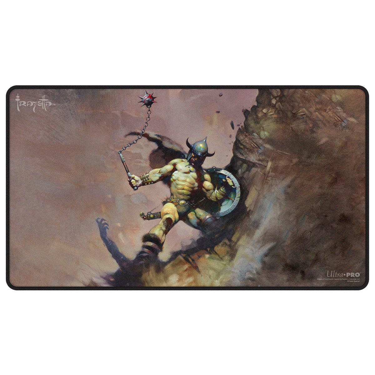 Ultra Pro Black Stitched Playmat: Frank Frazetta - Warrior with Ball and Chain (PREORDER) - Black stitched playmat featuring Frank Frazetta artwork of a muscular warrior wielding a ball and chain against a dark,.