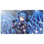 Ultra Pro Hololive Stitched Playmat - Hoshimachi Suisei - Rectangular playmat featuring anime girl with blue hair and headphones singing, set against a dark background with bright.