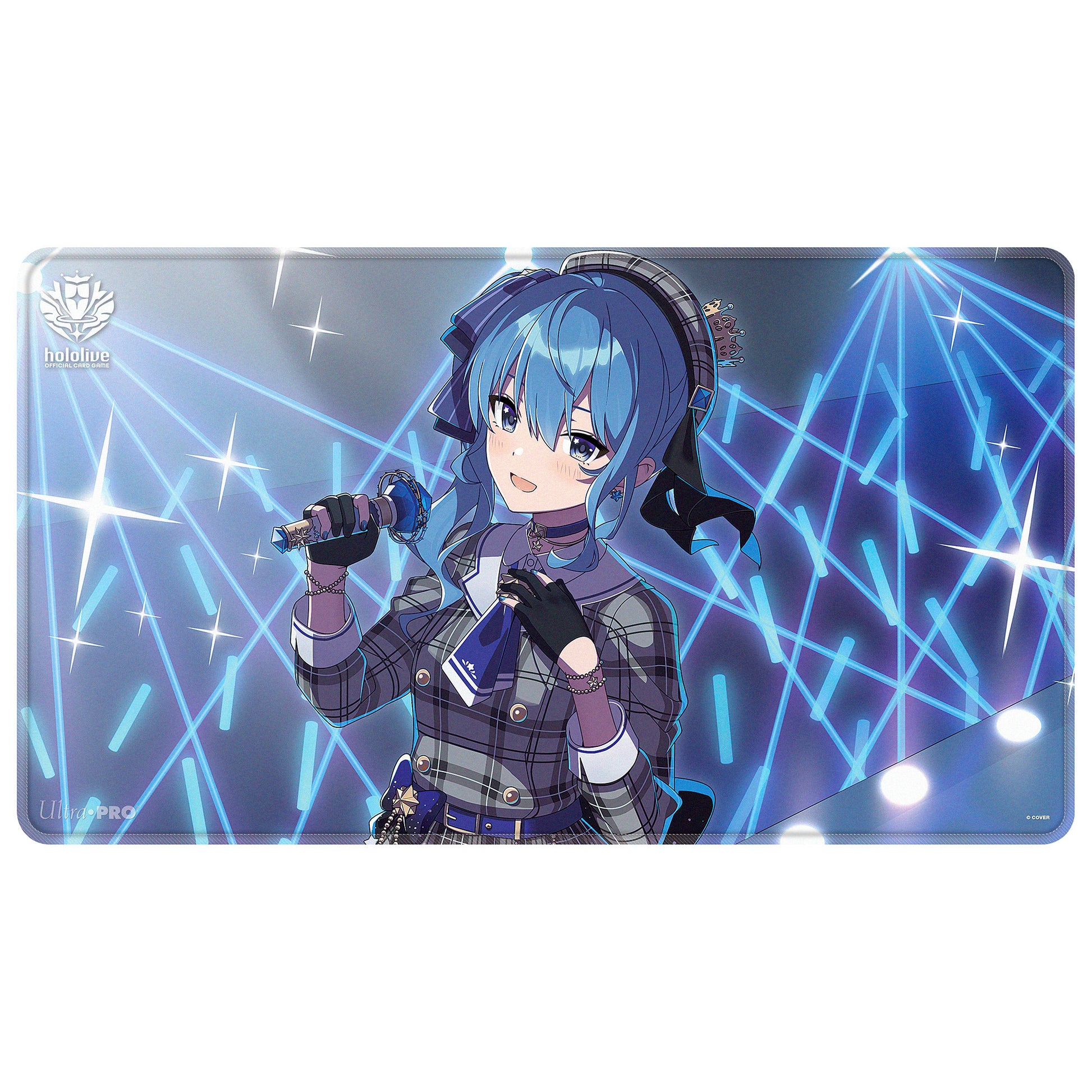 Ultra Pro Hololive Stitched Playmat - Hoshimachi Suisei - Rectangular playmat featuring anime girl with blue hair and headphones singing, set against a dark background with bright.