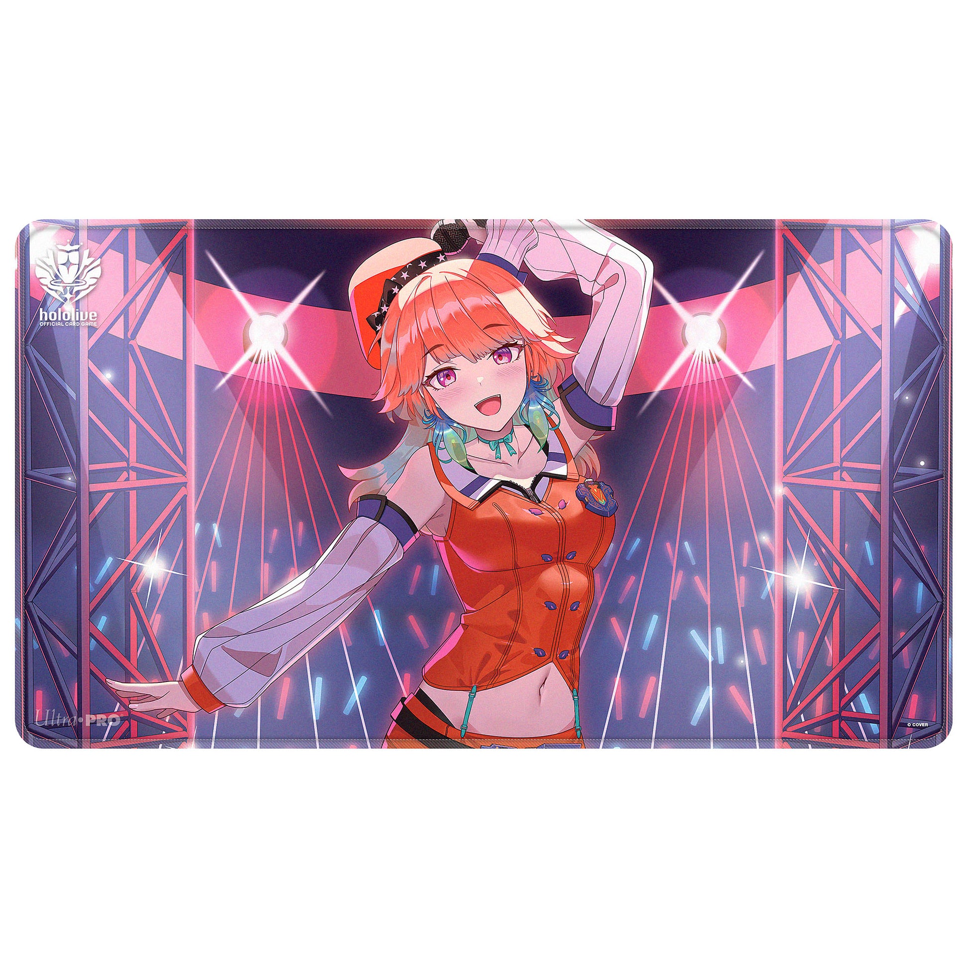 Ultra Pro Hololive Stitched Playmat - Takanashi Kiara - Rectangular gaming playmat featuring vibrant anime character Takanashi Kiara in orange and white, with stage lights and.