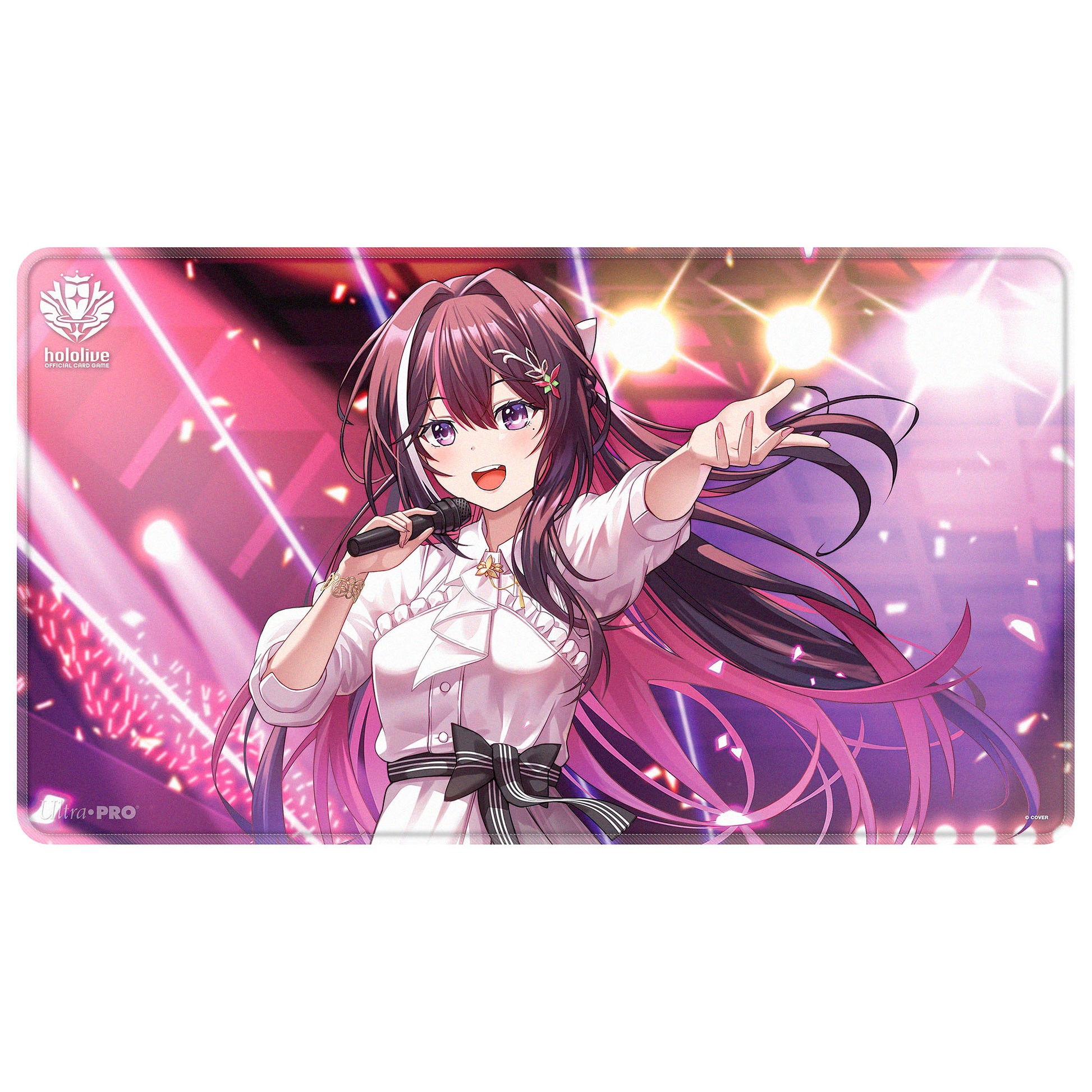 Ultra Pro Hololive Stitched Playmat - AZKi - Rectangular playmat featuring vibrant anime girl with long purple hair, white blouse, and black ribbon on a stage with.