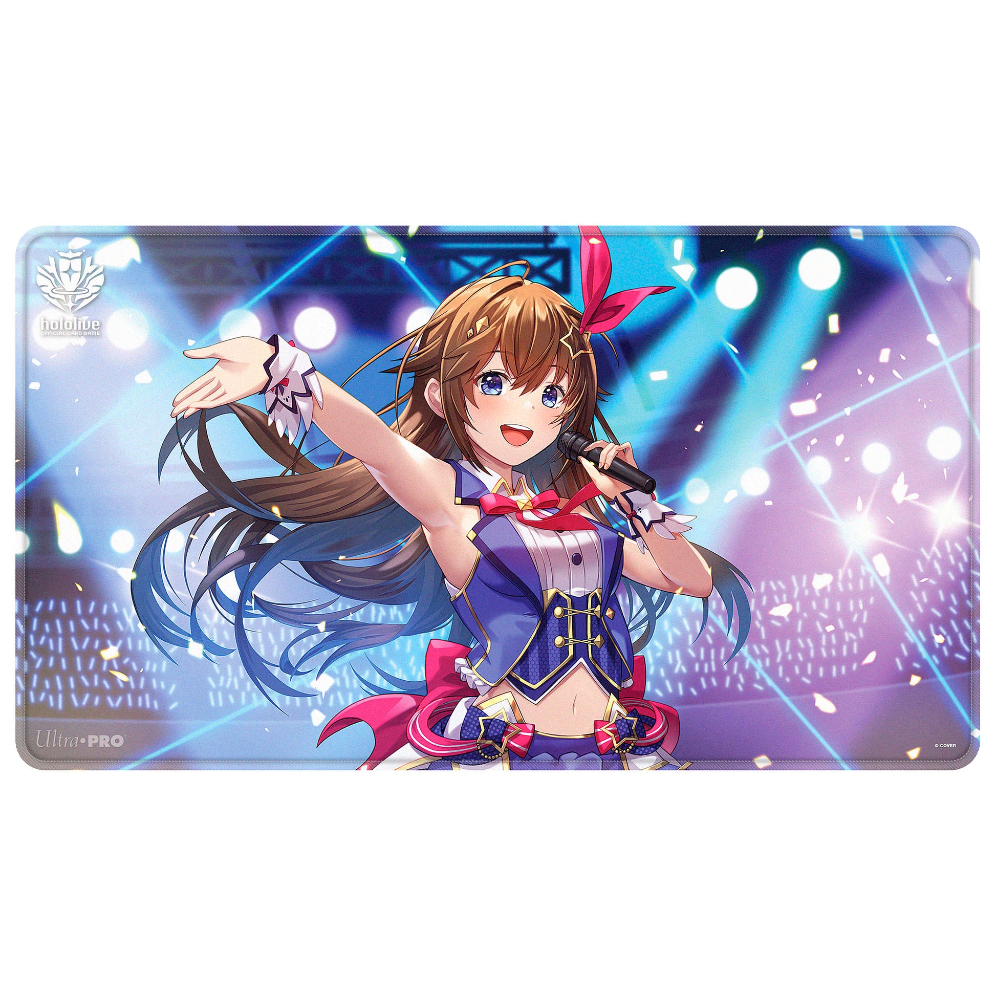 Ultra Pro Hololive Stitched Playmat - Tokino Sora - Rectangular playmat featuring a vibrant anime girl with brown hair and a red ribbon, wearing a blue and pink idol costume,.