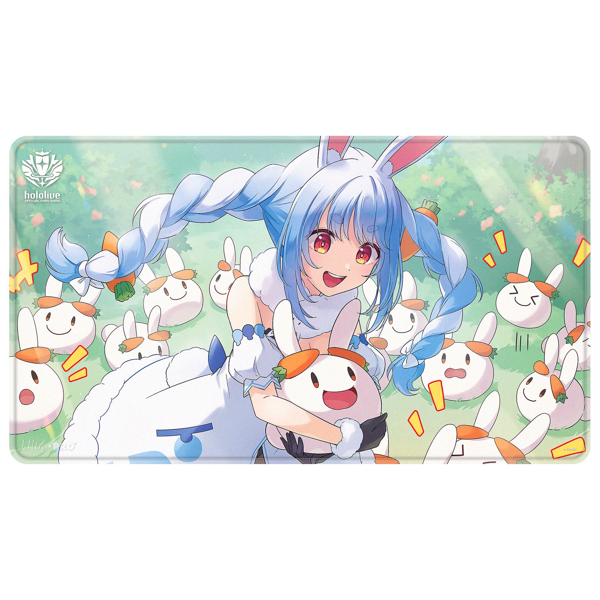 Ultra Pro Hololive Stitched Playmat - Usada Pekora - Colorful playmat featuring anime character with blue hair and bunny ears surrounded by small white bunny plushies on a.