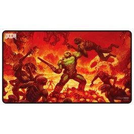 Ultra Pro Black Stitched Playmat - Doom: Creatures of Hell (PREORDER) - Black stitched playmat featuring vivid red and orange fiery background with Doom character battling multiple demonic.
