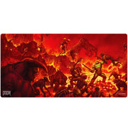 Ultra Pro Extended Playmat - Doom: Creatures of Hell (PREORDER) - Rectangular gaming playmat featuring vibrant red and orange hellscape with demonic creatures and a green armored hero in.