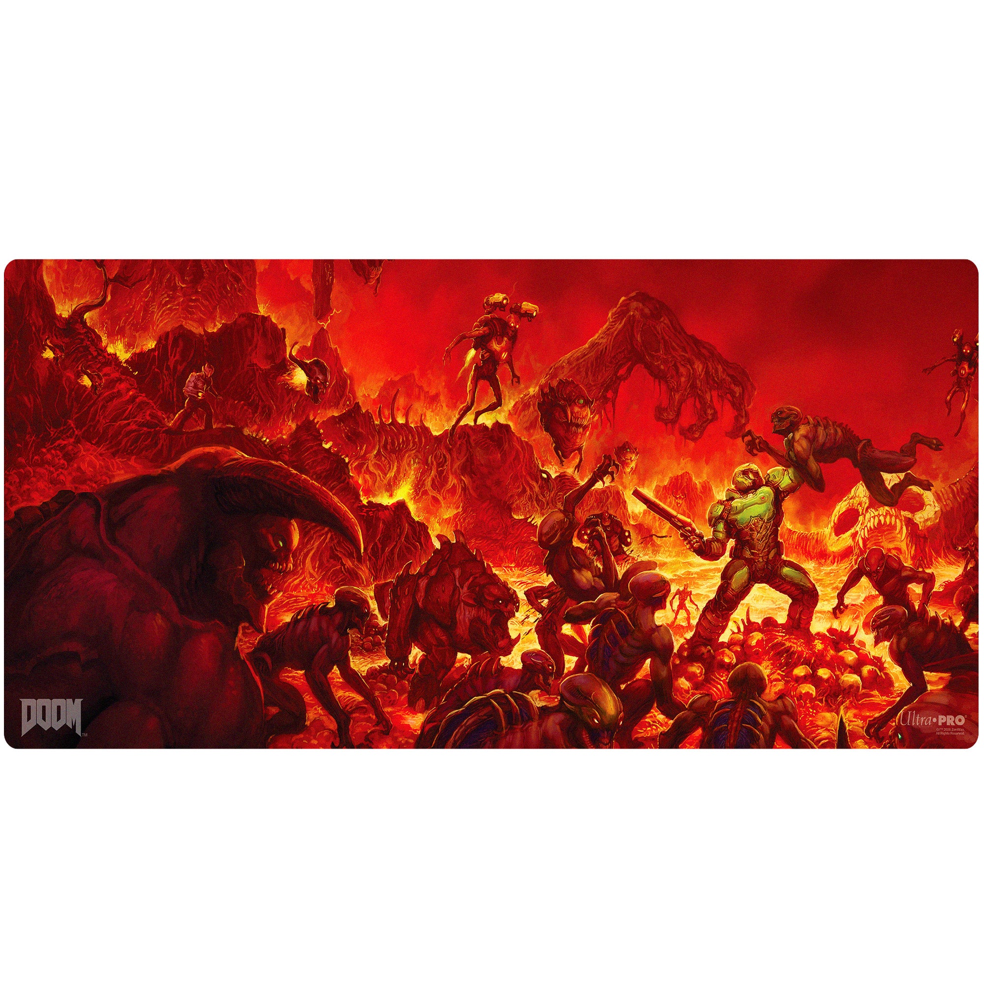 Ultra Pro Extended Playmat - Doom: Creatures of Hell (PREORDER) - Rectangular gaming playmat featuring vibrant red and orange hellscape with demonic creatures and a green armored hero in.