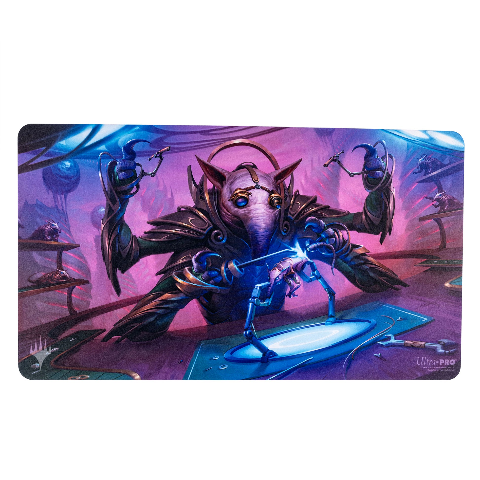 Ultra Pro Playmat - MTG March of the Machine E - MTG March of the Machine playmat featuring a robotic creature with glowing blue eyes and mechanical arms on a purple and.