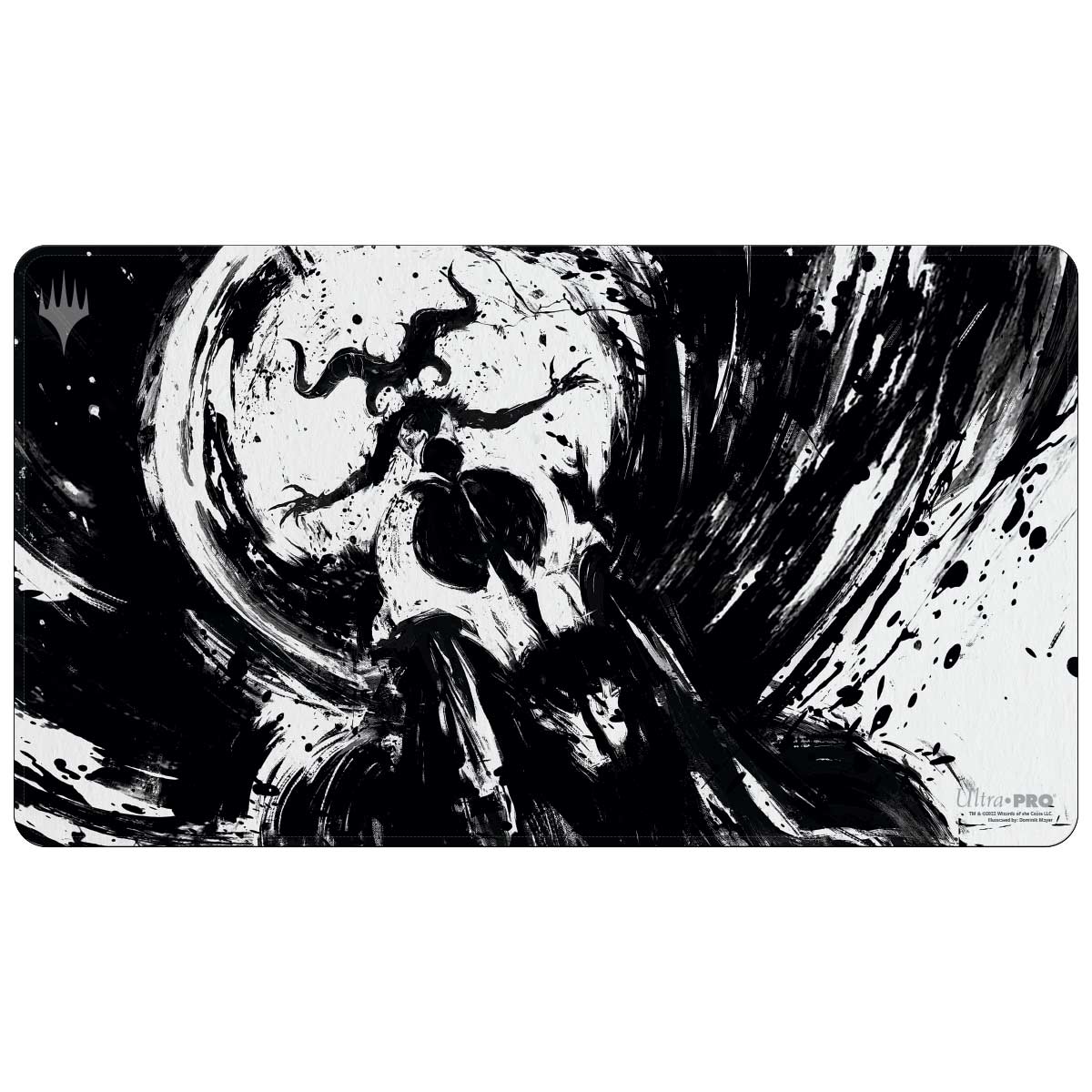 Ultra Pro Black Stitched Playmat - MTG March of the Machine X - Black and white playmat featuring a dynamic skull and claw design with bold brushstroke accents.