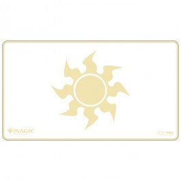 Ultra Pro Stitched Playmat Magic the Gathering Mana 8 Plains - White rectangular playmat with gold sun symbol in center, stitched edges, Magic branding.