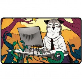 Playmat: Magic the Gathering: Secret Lair: Not a Wolf Black Stitched Edge - Magic the Gathering playmat featuring an anthropomorphic wolf in business attire at a computer, surrounded by purple trees.