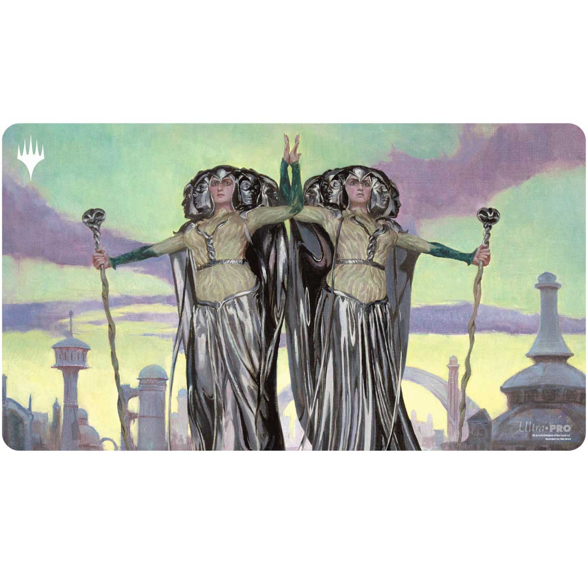 Playmat: Magic the Gathering: Modern Horizons 3: Omo, Queen of Vesuva - Rectangular playmat featuring dual mirrored figures in metallic robes holding staffs, set against a pastel sky with fantasy.
