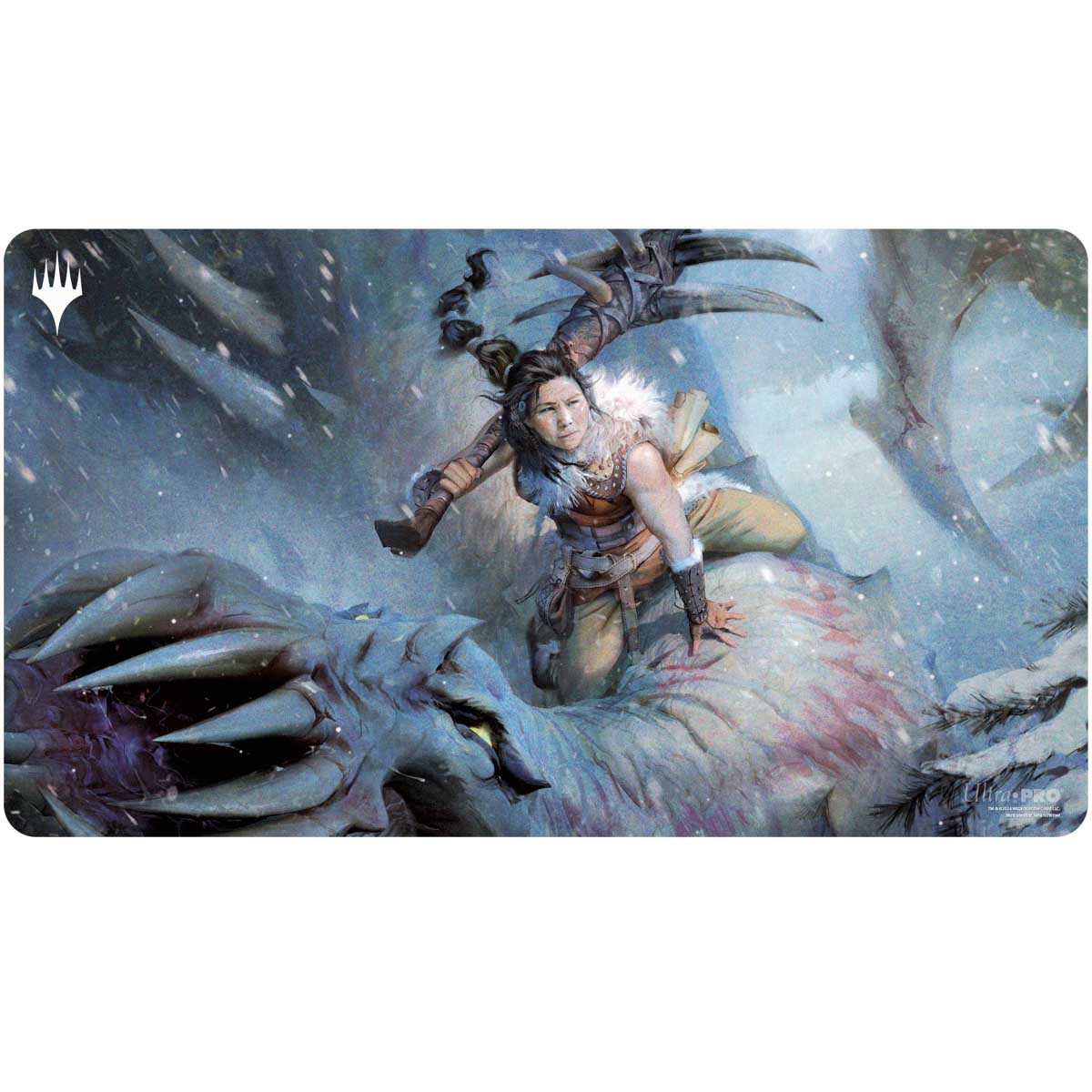 Playmat: Magic the Gathering: Modern Horizons 3: Disa the Restless. Disa's design draws from native and innuit appearance. She holds a spiked club over her back and sits on the back of a fanged long necked creature. It's snowing