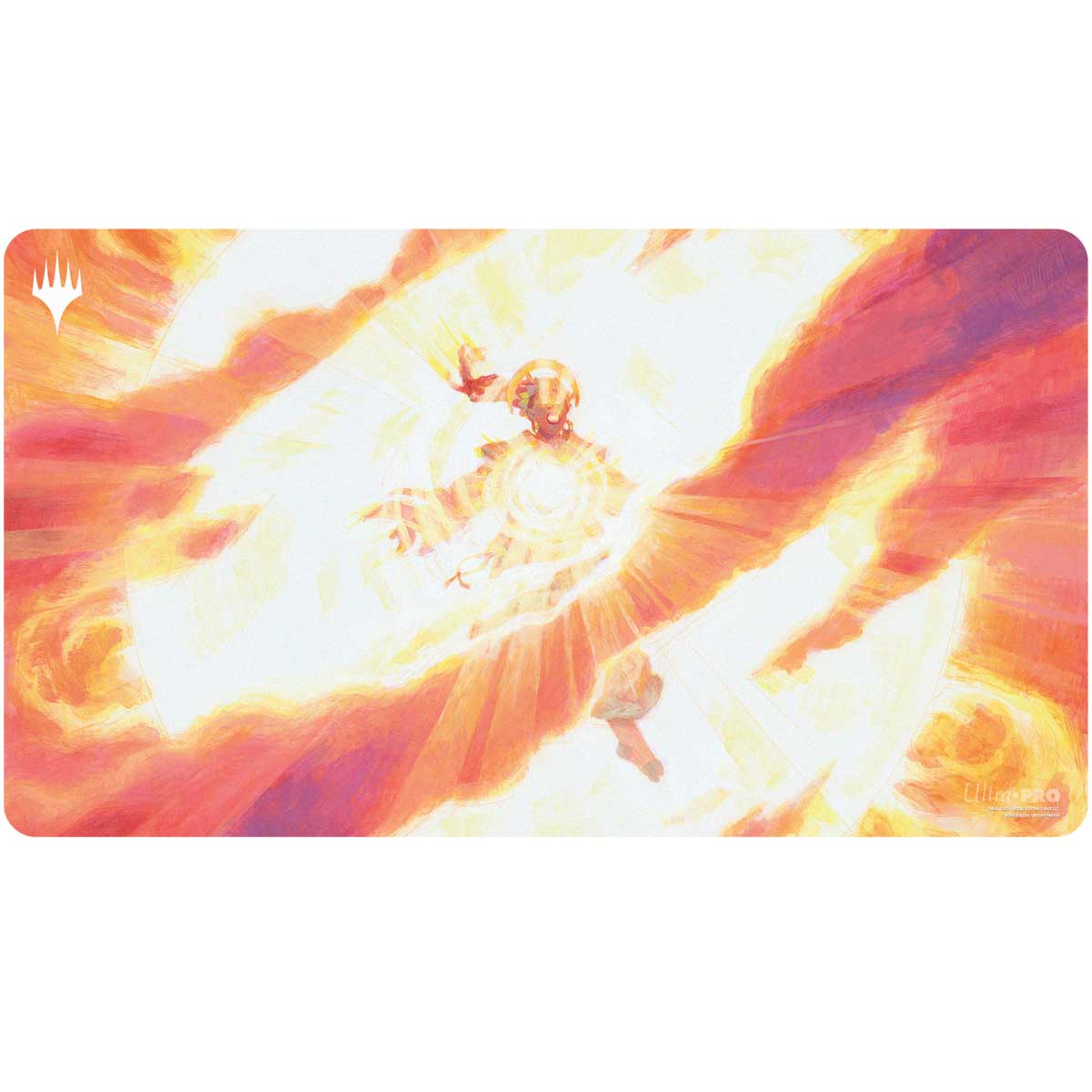 Playmat: Magic the Gathering: Modern Horizons 3: Flare of Fortitude - Rectangular playmat featuring a fiery, radiant figure surrounded by swirling orange and yellow flames on a soft fabric.