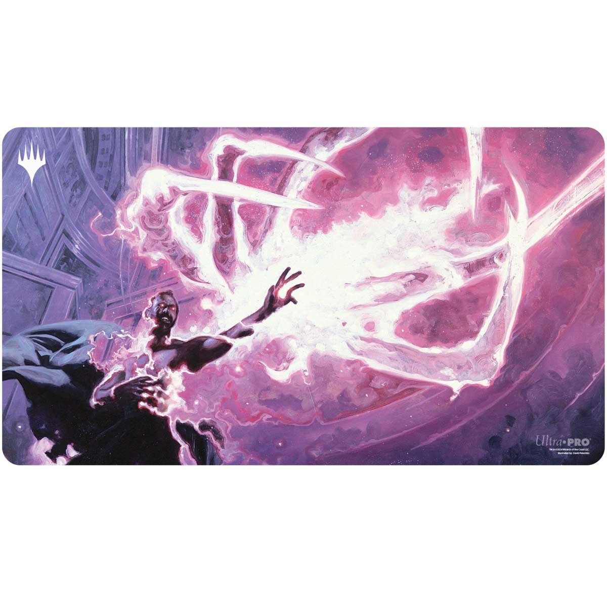 Playmat: Magic the Gathering: Modern Horizons 3: Flare of Malice - Playmat featuring vivid purple and pink energy swirling around a dark figure casting a magical spell, fantasy-themed design.