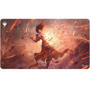 Playmat: Magic the Gathering: Modern Horizons 3: Flare of Duplication - Game playmat featuring fiery orange and brown tones with a dynamic mage casting a swirling flame spell, Magic the Gathering.