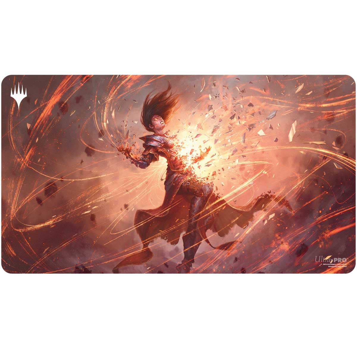 Playmat: Magic the Gathering: Modern Horizons 3: Flare of Duplication - Game playmat featuring fiery orange and brown tones with a dynamic mage casting a swirling flame spell, Magic the Gathering.