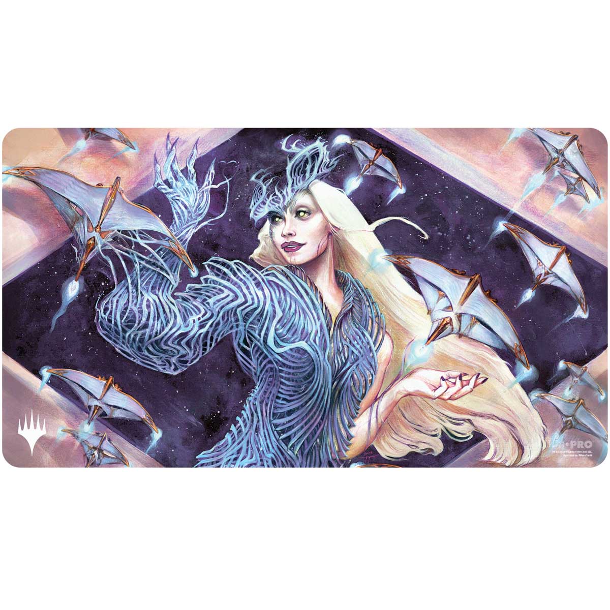 Playmat: Magic the Gathering: Modern Horizons 3: Breya, Etherium Shaper - Playmat featuring a fantasy female character with long white hair, blue glowing armor, and mechanical bird-like creatures.