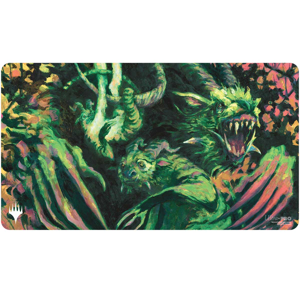 Playmat depicting art from the card Magic the Gathering: Modern Horizons 3: Birthing Ritual. Art is based on sloths but all green and with horns