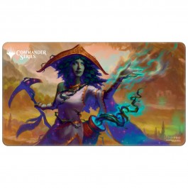 Ultra Pro Stitched Playmat Magic the Gathering Commander Series 2: Sythis - Colorful playmat featuring a mystical female figure with a wide-brimmed hat casting blue magical energy, textured fabric.