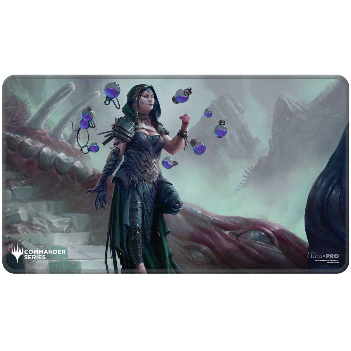 Playmat: Magic the Gathering: Commander Series: Kess, Dissident Mage - Fantasy-themed rectangular gaming playmat featuring a dark-haired female mage in elaborate black and purple armor casting.