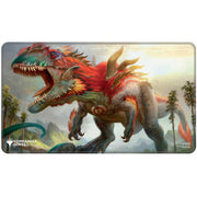 Stitched Edge Playmat: Magic the Gathering: Commander Series: Gishath - Large rectangular playmat featuring a roaring red and green dinosaur with spiked back in a prehistoric jungle setting,.