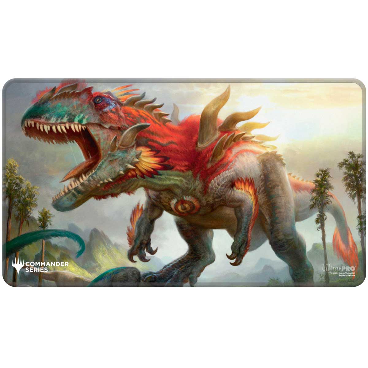 Stitched Edge Playmat: Magic the Gathering: Commander Series: Gishath - Large rectangular playmat featuring a roaring red and green dinosaur with spiked back in a prehistoric jungle setting,.