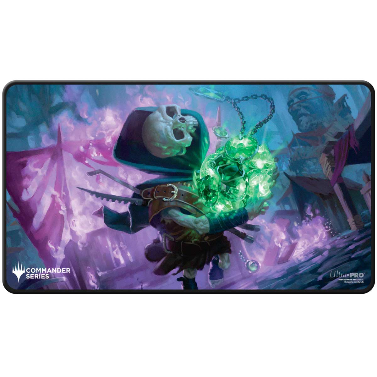 Stitched Edge Playmat: Magic the Gathering: Commander Series: Tinybones - Rectangular playmat featuring vibrant purple and green fantasy artwork with a skeletal figure holding glowing green orbs,.