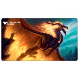 Ultra Pro Stitched Playmat Magic the Gathering Commander Series 6 Prossh - Rectangular playmat with vibrant orange and black dragon breathing fire against a blue sky background, stitched edges for.