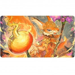 Playmat: Magic the Gathering: Bloomburrow: Hazel of the Rootbloom - Colorful Magic the Gathering playmat featuring fantasy creature Hazel of the Rootbloom holding a glowing orange orb and.