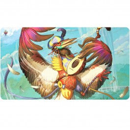 Playmat: Magic the Gathering: Bloomburrow: Zinnia, Valley’s Voice - Colorful fantasy bird creature playing a lute with large wings and feathers on a bright sky background playmat.