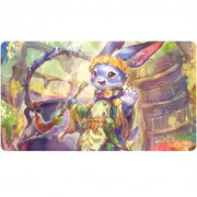 Playmat: Magic the Gathering: Bloomburrow: Ms. Bumbleflower - Rectangular playmat featuring colorful fantasy art of a purple bunny with large ears and golden headband holding a small.