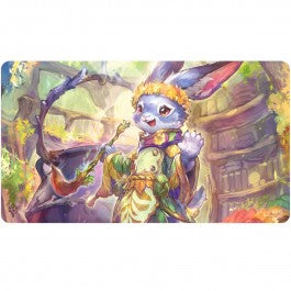 Playmat: Magic the Gathering: Bloomburrow: Ms. Bumbleflower - Rectangular playmat featuring colorful fantasy art of a purple bunny with large ears and golden headband holding a small.