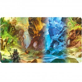 Playmat: Magic the Gathering: Bloomburrow: Swamp (Four Seasons) - Rectangular playmat featuring vivid fantasy landscape with lush greenery, towering trees, fiery lava on left, icy blue.