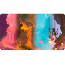 Playmat: Magic the Gathering: Bloomburrow: Mountain (Four Seasons) - Rectangular gaming playmat featuring four seasonal mountain landscapes in vibrant red, orange, blue, and purple tones.