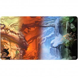 Playmat: Magic the Gathering: Bloomburrow: Forest (Four Seasons) - Rectangular playmat with vibrant split design featuring fiery orange forest on left and icy blue forest with waterfall on.