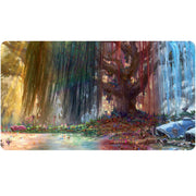 Playmat: Magic the Gathering: Bloomburrow: Three Tree City (AR Enhanced) - Colorful fantasy playmat featuring a massive tree with glowing roots and a mystical forest scene.