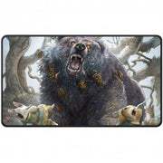 Playmat: Magic the Gathering: Bloomburrow: Lumra, Bellow of the Woods Black Stitched - Magic the Gathering playmat featuring a roaring black bear with glowing eyes surrounded by forest elements, black stitched.