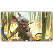 Playmat: Magic the Gathering: Bloomburrow: Swords to Plowshares Stitched Edge Standard - Fantasy-themed playmat with a detailed mouse warrior holding a curved blade, surrounded by tall grass, stitched edges,.