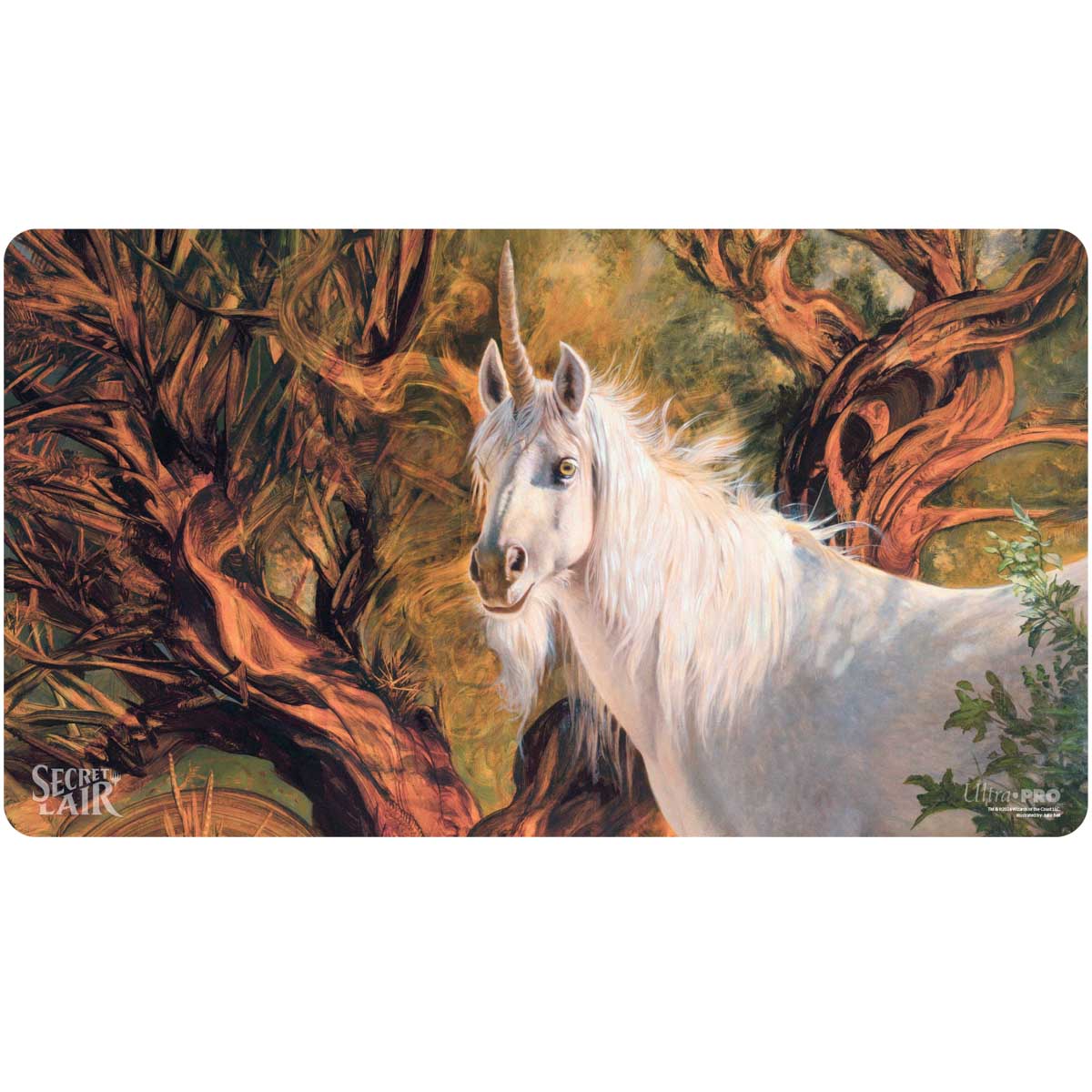Playmat: Magic the Gathering: Secret Lair: Julie Bell Good-Fortune Unicorn - Playmat featuring a white unicorn with a glowing horn against a detailed forest background with twisted trees and warm.